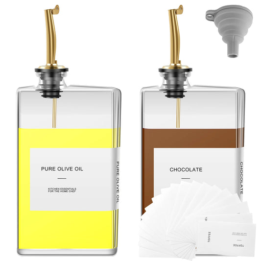 2Pcs 500Ml Olive Oil Dispenser Bottle Glass Oil Dispenser Rectangular Cooking Dispenser Transparent Olive Oil Bottle with Labels